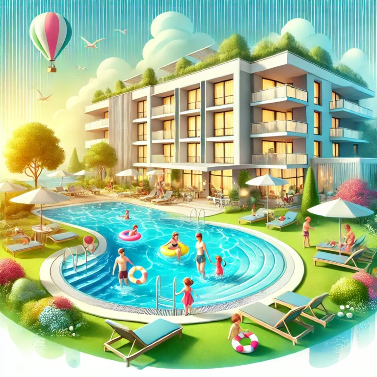 A family enjoying their vacation at a cozy, family-friendly hotel in Batumi, featuring a sunny poolside, playful children, and relaxing parents with beautiful seaside views.